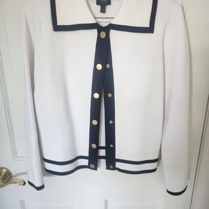 Talbots White Knit Sailor-Collar Jacket with Navy Trim and Gold Buttons